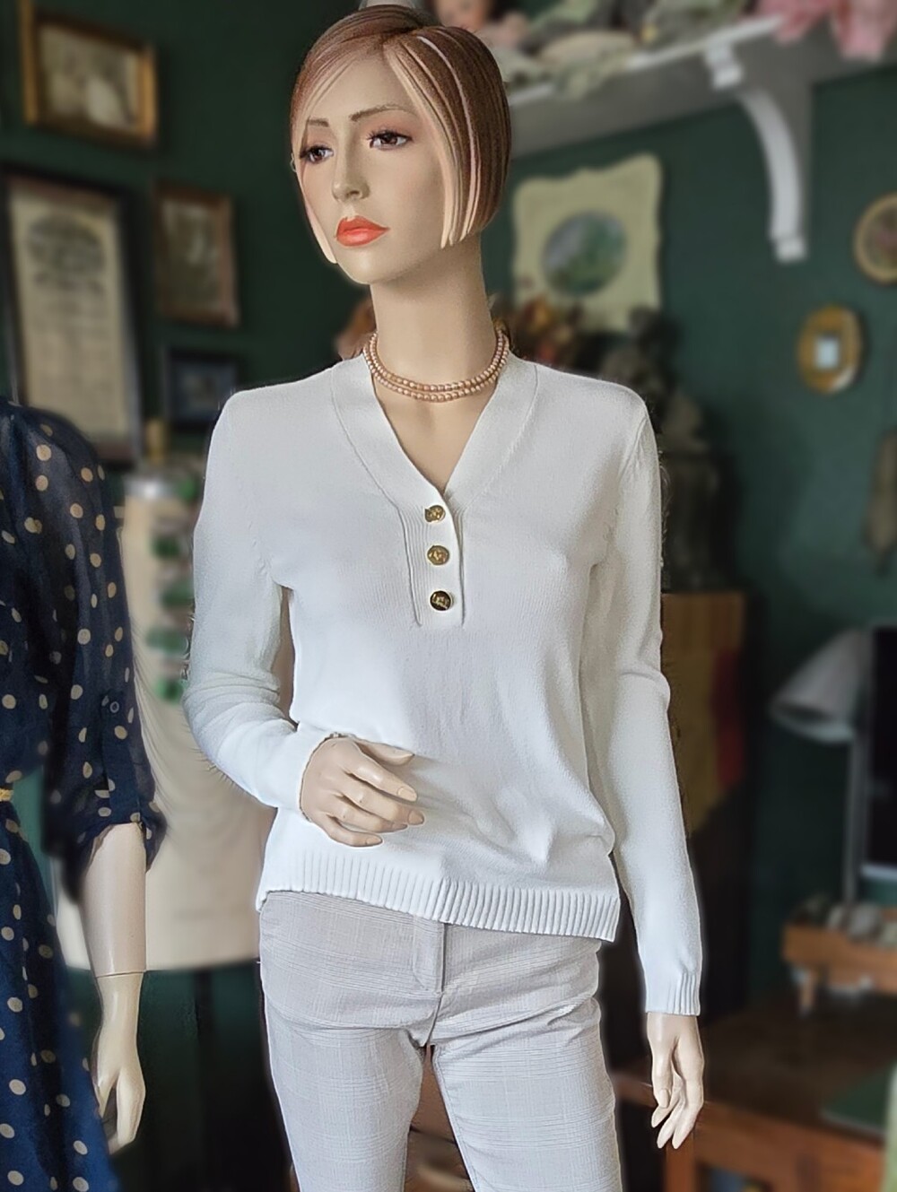 Charter Club Ivory V-neck Henley Pullover Sweater Womens Petite S/M